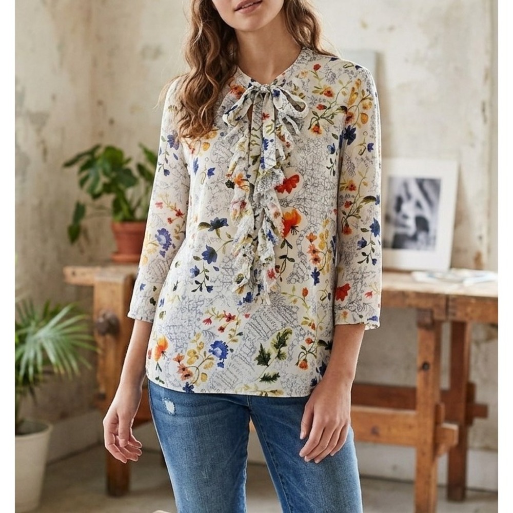 Nanetteā Lepore S Floral Tie Neck Raw-Edge Ruffle Blouse Cream 3/4 Sleeve Boho